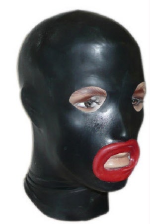 latex hood with red lips