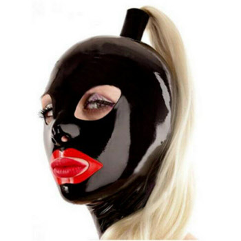 latex pony tail hood with red lips