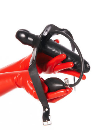 inflatable latex gag and dildo on headstrap