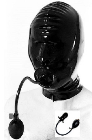 latex hood with pump up gag